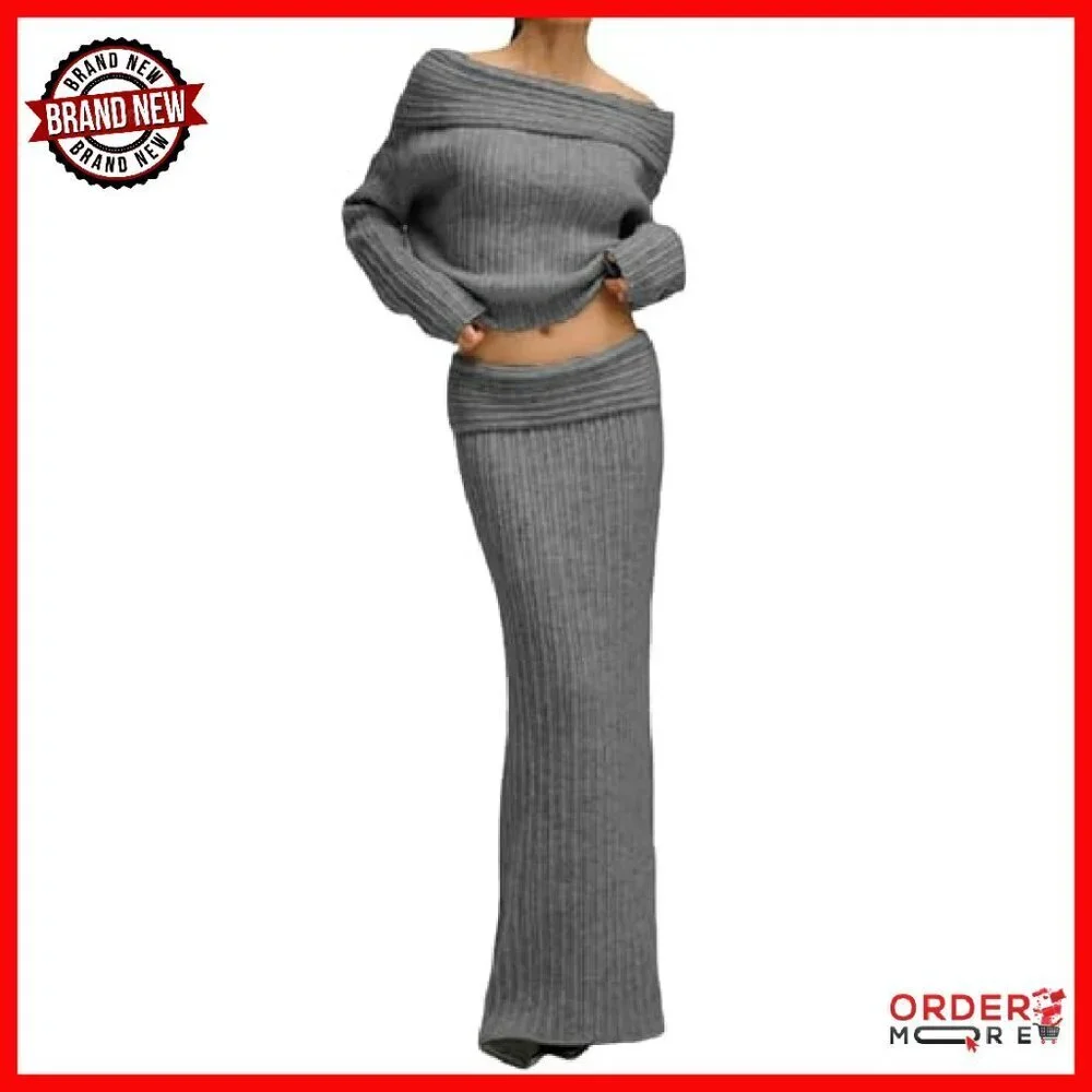 Off Shoulder Sweater & Knit Maxi Skirt Set - Stretchy Fall Outfit - Picture 2 of 8